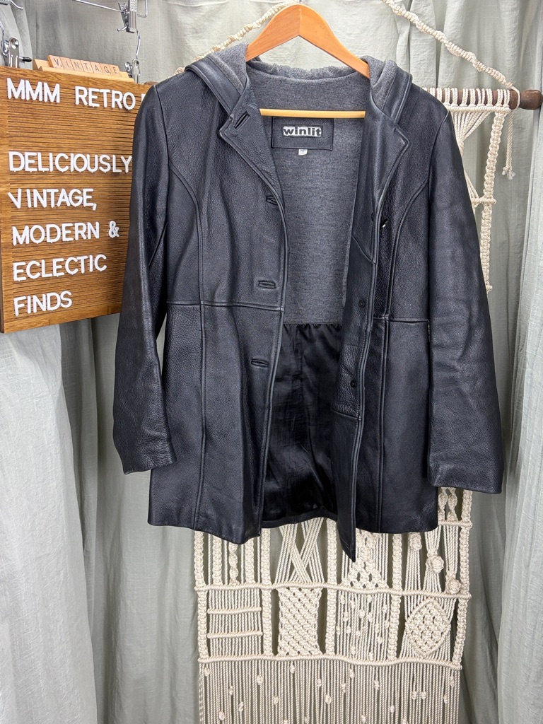 Vintage Winlit Women's Black Hooded Leather Coat | Small